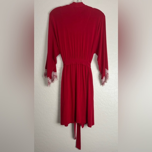 Soma Lace 3/4 Sleeve Robe Soft Tie Waist Knee Length S/M Red White 1403 - Picture 3 of 6